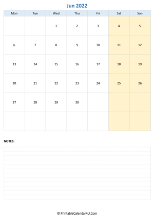 june 2022 calendar editable notes vertical layout