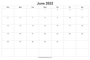 june 2022 calendar printable landscape layout