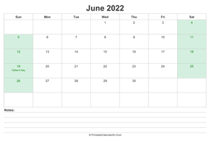june 2022 calendar with us holidays and notes landscape layout