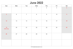 june 2022 calendar with us holidays highlighted landscape layout
