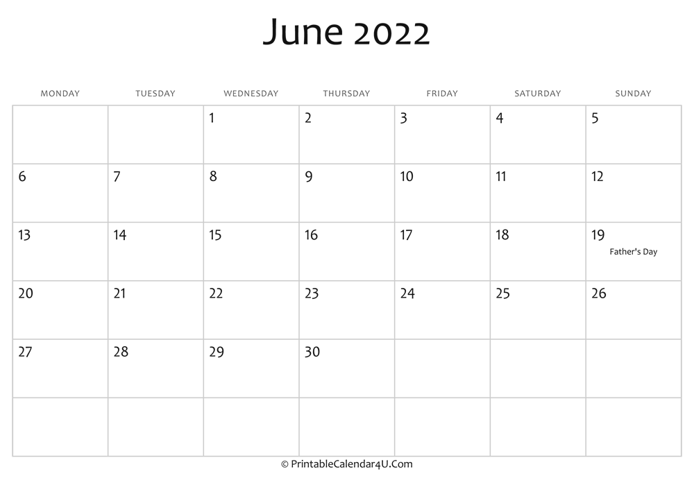 Editable Calendar June 2022 June 2022 Editable Calendar With Holidays