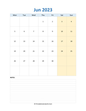 june 2023 calendar editable with notes vertical layout