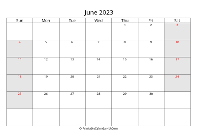 june 2023 calendar with us holidays highlighted landscape layout
