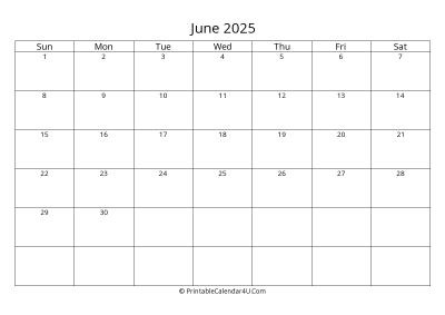 june 2025 calendar printable landscape layout