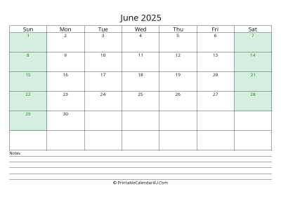 june 2025 calendar with us holidays and notes landscape layout
