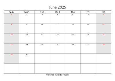 june 2025 calendar with us holidays highlighted landscape layout