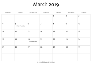 march 2019 editable calendar with holidays