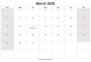 march 2020 calendar with uk bank holidays highlighted landscape layout