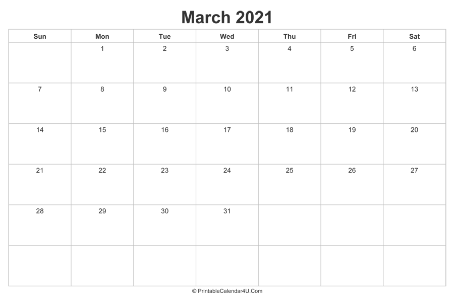 March 2021 Calendar Printable Landscape Layout 