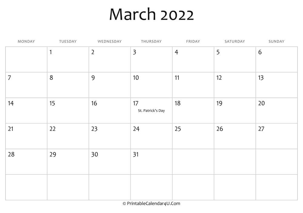 Fillable Calendar 2022 March 2022 Editable Calendar With Holidays