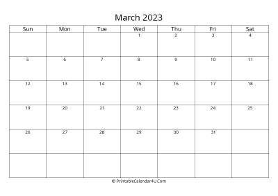 march 2023 calendar printable landscape layout