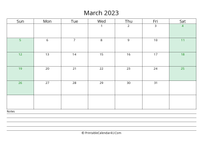 march 2023 calendar with us holidays and notes landscape layout
