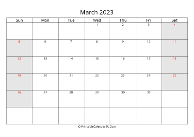 march 2023 calendar with us holidays highlighted landscape layout