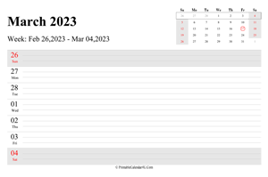 march 2023 weekly calendar with us holidays landscape layout