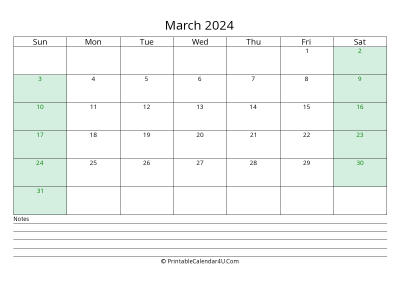 march 2024 calendar with us holidays and notes landscape layout