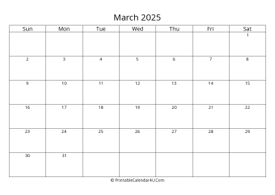 march 2025 calendar printable landscape layout