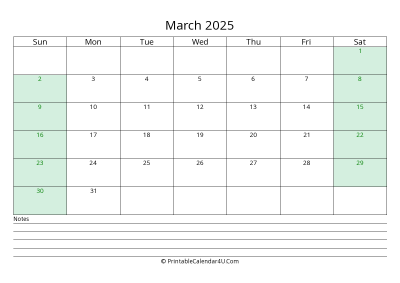march 2025 calendar with us holidays and notes landscape layout