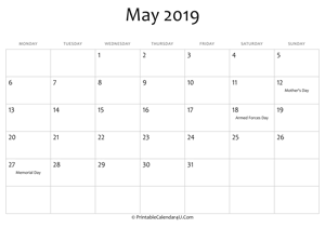 may 2019 editable calendar with holidays