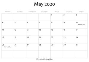 may 2020 editable calendar with holidays