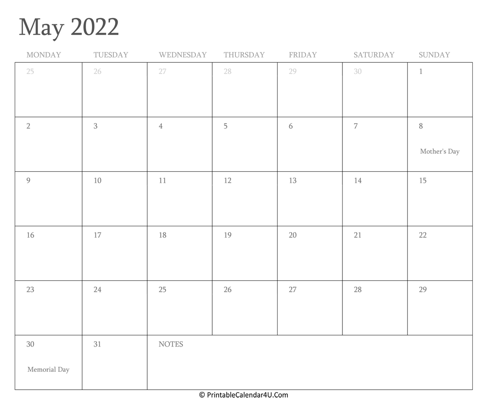 May 2022 Holiday Calendar May 2022 Calendar Printable With Holidays