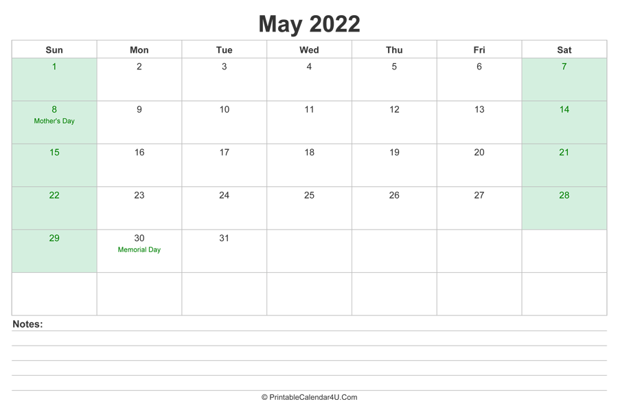May 2022 Calendar with US Holidays and Notes (Landscape Layout) - Printable...