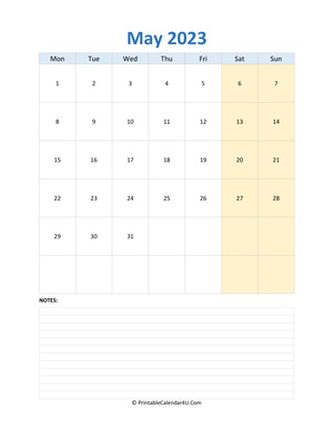 may 2023 calendar editable with notes vertical layout