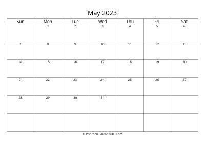 may 2023 calendar printable landscape layout
