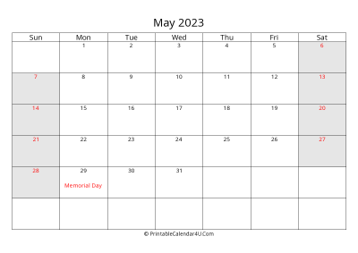 may 2023 calendar with us holidays highlighted landscape layout