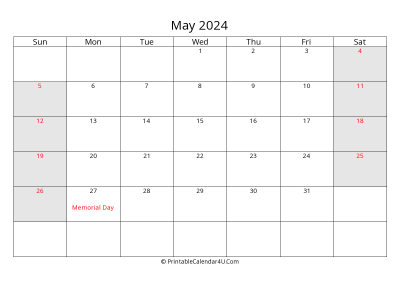 may 2024 calendar with us holidays highlighted landscape layout