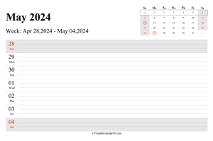 may 2024 weekly calendar with us holidays landscape layout