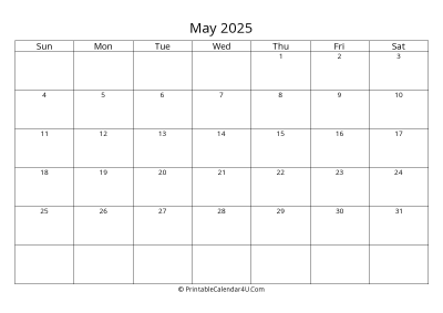 may 2025 calendar printable landscape layout