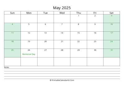 may 2025 calendar with us holidays and notes landscape layout