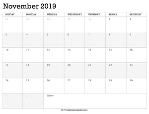 november 2019 calendar printable week starts on sunday