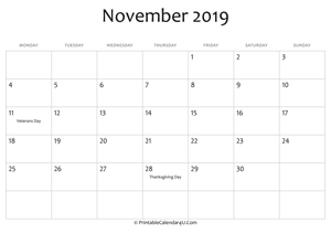 november 2019 editable calendar with holidays