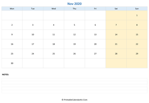 november 2020 calendar editable with notes horizontal layout