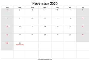 november 2020 calendar with uk bank holidays highlighted landscape layout
