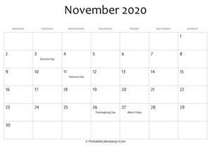 november 2020 editable calendar with holidays