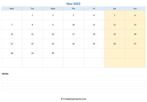 november 2022 calendar editable with notes horizontal layout