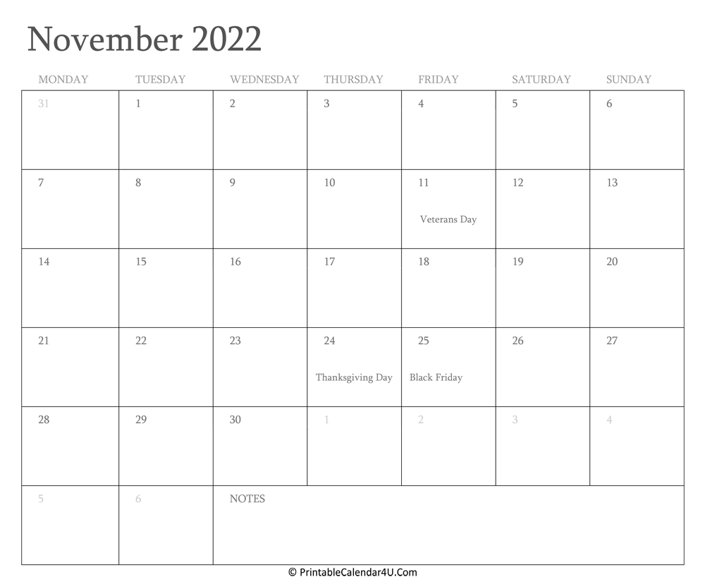 November 2022 Holiday Calendar November 2022 Calendar Printable With Holidays