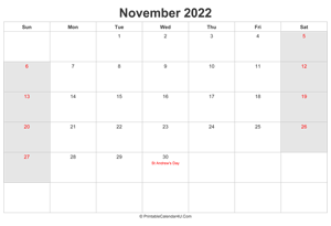 november 2022 calendar with uk bank holidays highlighted landscape layout