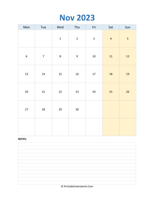 november 2023 calendar editable with notes vertical layout
