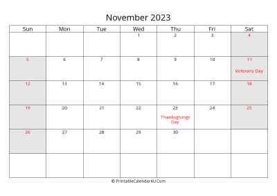 november 2023 calendar with us holidays highlighted landscape layout