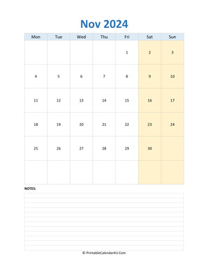 november 2024 calendar editable with notes vertical layout