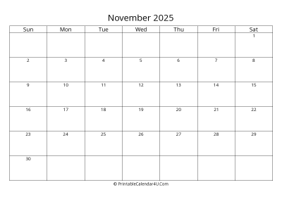 november 2025 calendar printable landscape layout