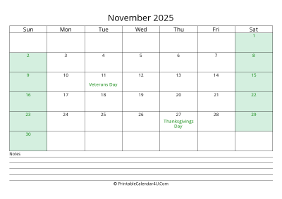 november 2025 calendar with us holidays and notes landscape layout