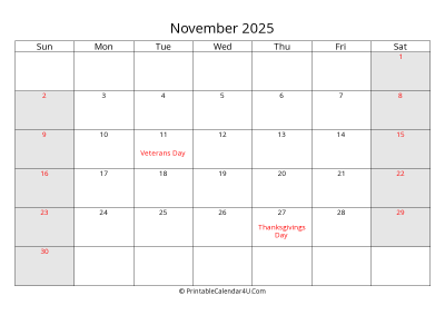 november 2025 calendar with us holidays highlighted landscape layout