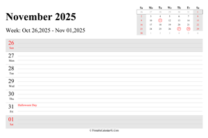 november 2025 weekly calendar with us holidays landscape layout