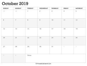 october 2019 calendar printable week starts on sunday