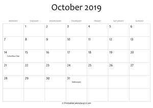 october 2019 editable calendar with holidays