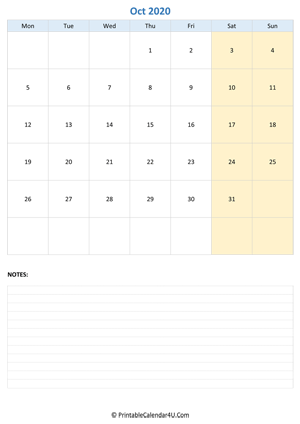 october 2020 calendar editable with notes vertical layout